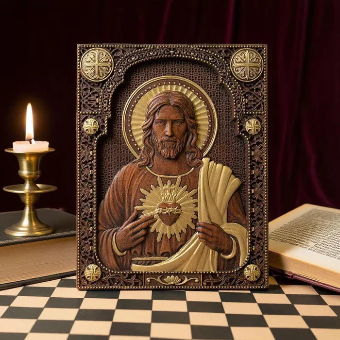 Quadro Sagrado Coração de Jesus em Madeira - Santa Arte