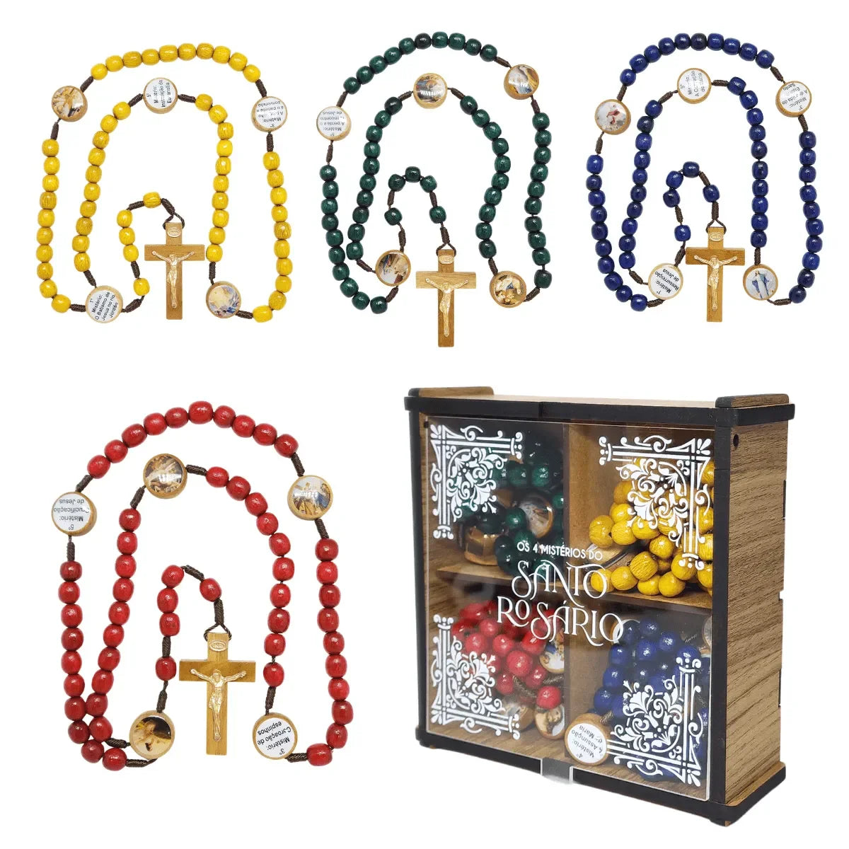 Combo Rosário em 4 Terços Coloridos com Mistérios com Caixa em MDF - Santa Arte