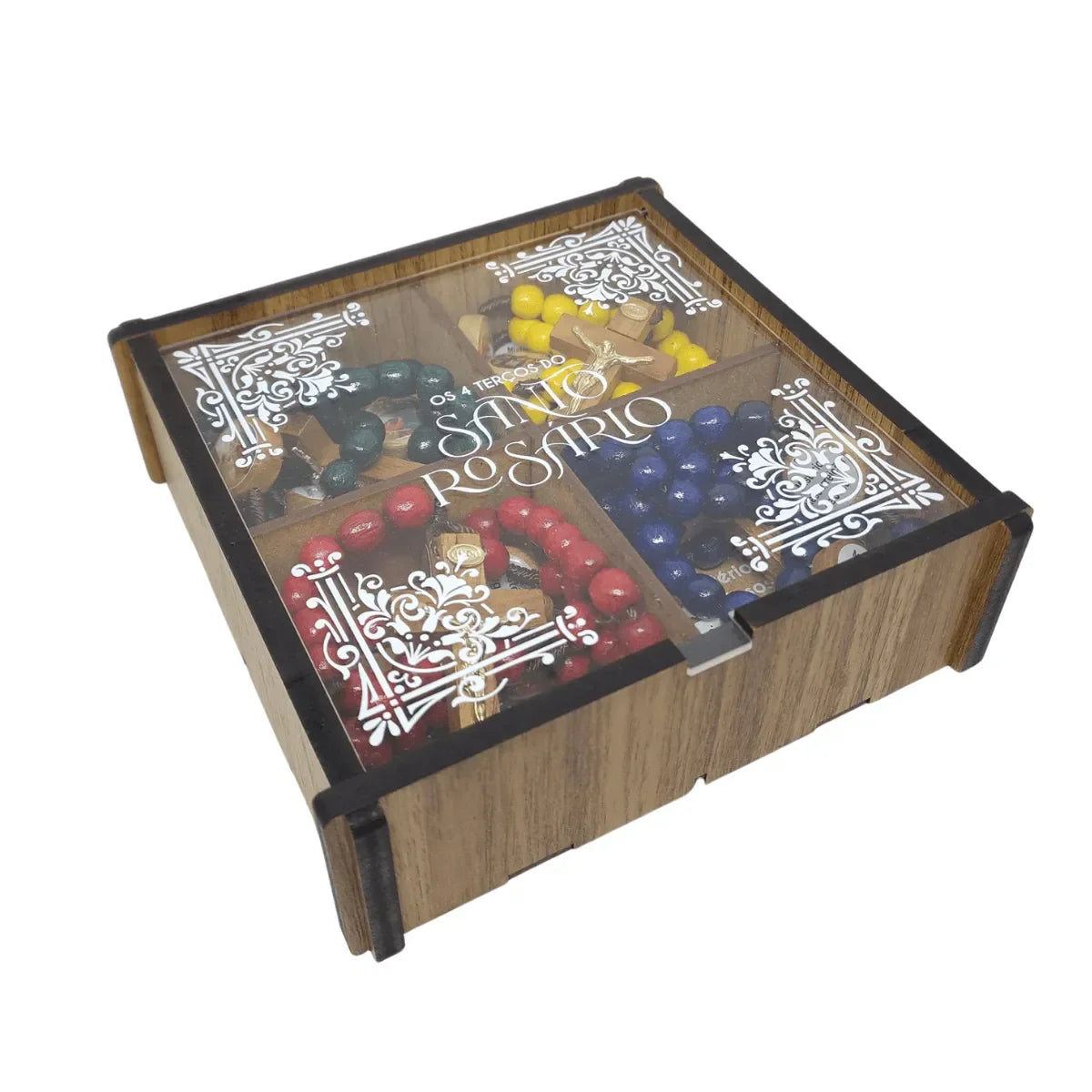 Combo Rosário em 4 Terços Coloridos com Mistérios com Caixa em MDF - Santa Arte