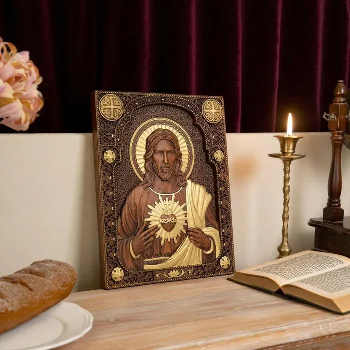 Quadro Sagrado Coração de Jesus em Madeira - Santa Arte