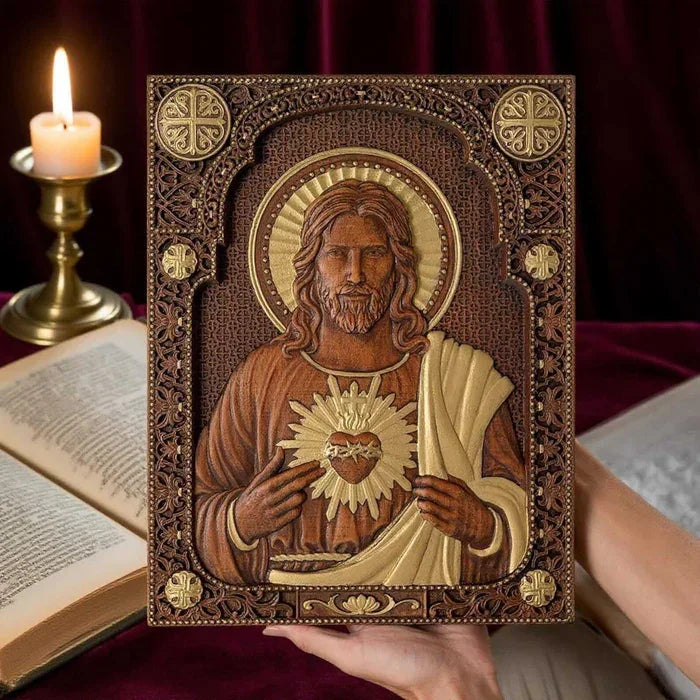 Quadro Sagrado Coração de Jesus em Madeira - Santa Arte