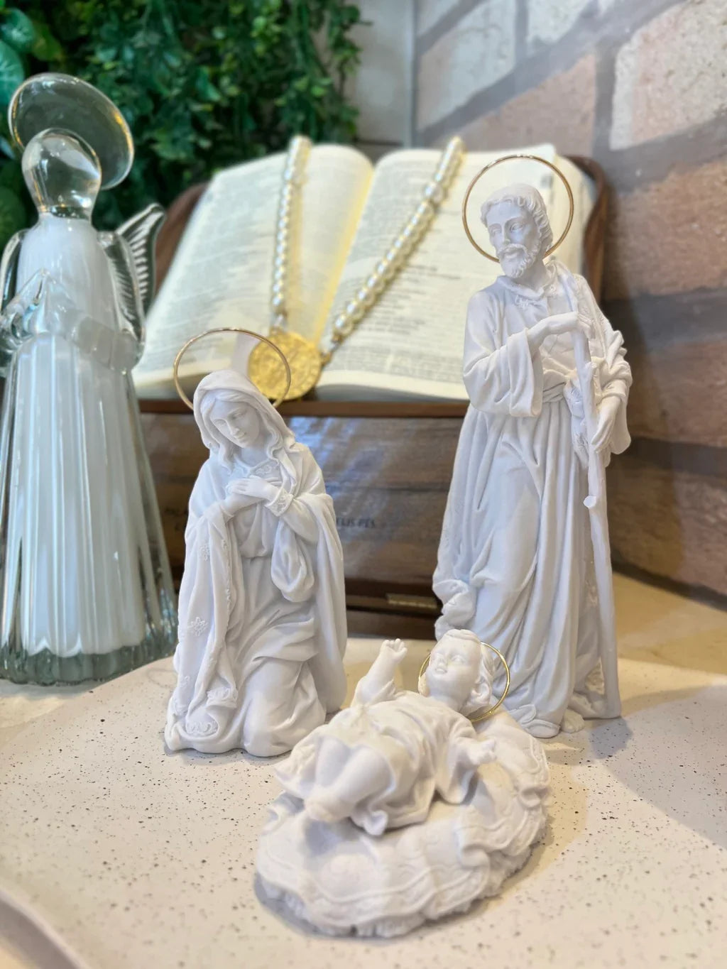 Altar Casa Da Promessa 4 Peças em Pó de Mármore com Resplendor Dourado